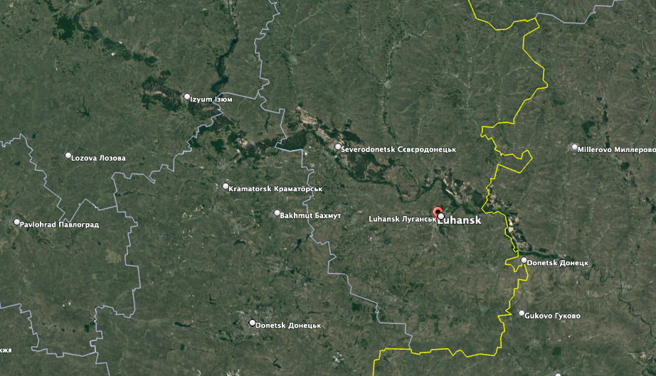 Luhansk City is about 60 to 70 miles behind the front lines. (Google Earth image)