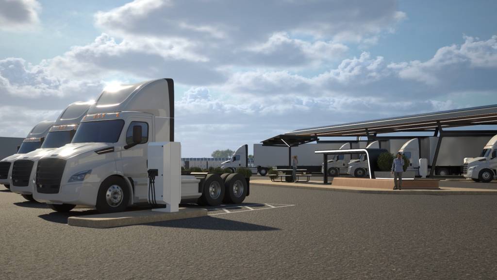 Rendering of proposed Daimler Trucks Greenlane charging and hydrogen fueling site.