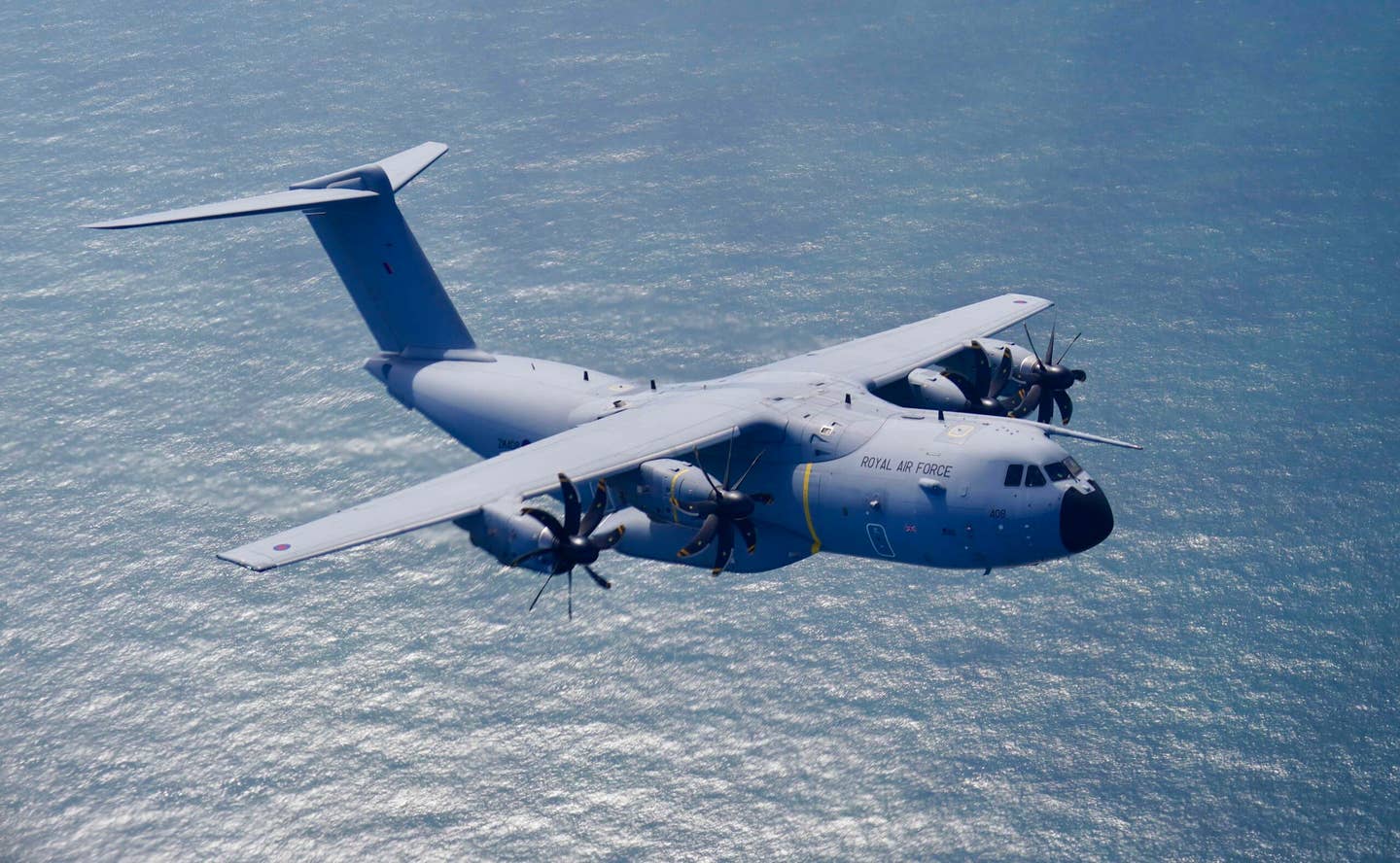 A Royal Air Force A400M Atlas aircraft, flying out of RAF Brize Norton, which was due to take part in the coronation flypast by the Royal Navy, Army Air Corps and Royal Air Force, over Buckingham Palace in London, May 6, 2023. <em>Photo by Zac Goodwin/PA Images via Getty Images</em>