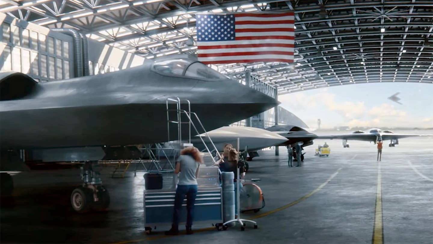 A view of the forward fuselage of a notional NGAD combat jet, seen in a 2021 advertisement from Northrop Grumman. <em>Northrop Grumman</em>/<em>YouTube screencap</em>