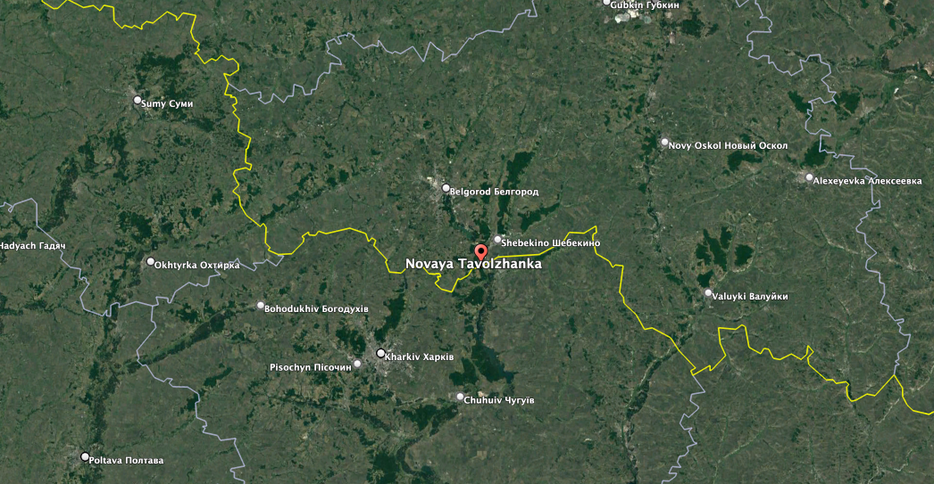 Anti-Putin partisans claim they are fighting Russian troops in Belgorod Oblast near the towns of Novaya Taolzhanka and Shebekino. (Google Earth image)