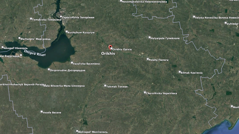 Much of the fighting has been centered in and around the town of Orikhiv in Zaporizhzhia Oblast. (Google Earth image)