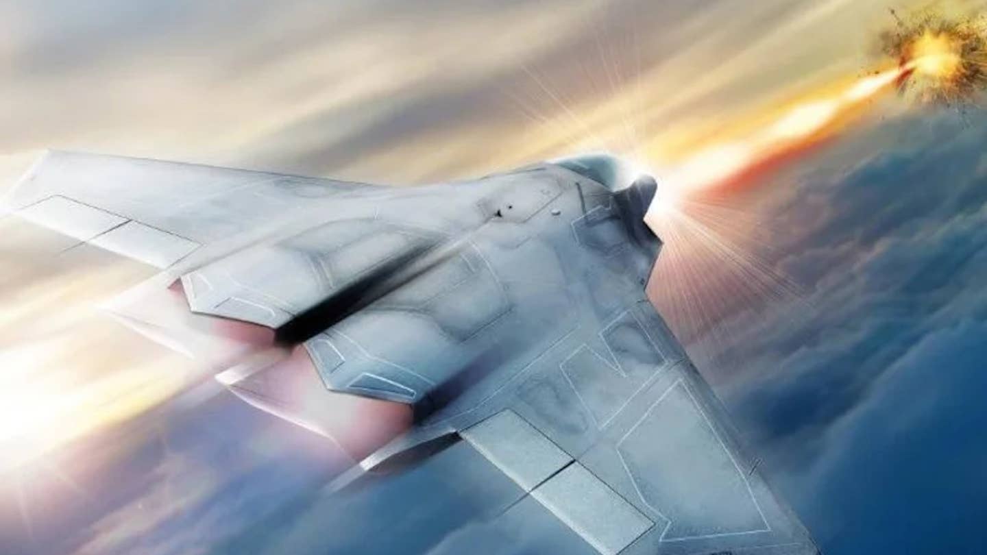 An earlier rendering of a sixth-generation combat jet, seen firing a directed-energy weapon. <em>Northrop Grumman</em><br>