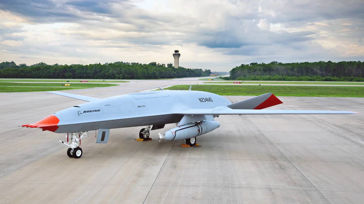 The US Navy currently expects its first operational carrier-based drone to be the MQ-25 Stingray, designed primarily as an aerial refueling platform. Boeing is developing the MQ-25 and has conducted a number of initial ground and flight tests using the T1 demonstrator seen here. <em>Boeing</em>