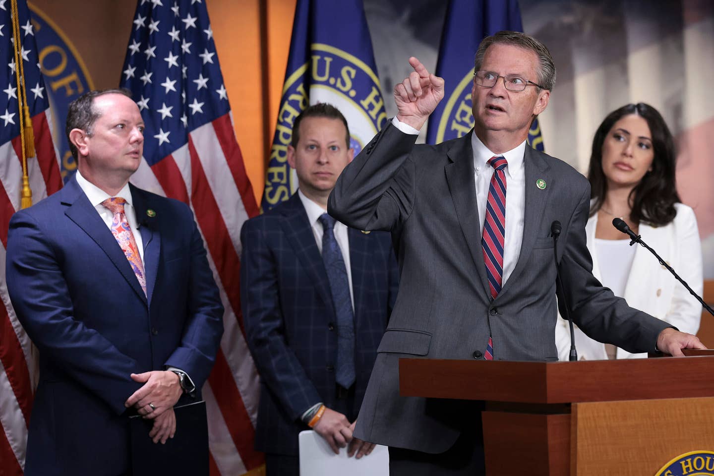 WASHINGTON, DC - JULY 20: Rep. Tim Burchett (2nd R) (R-TN) speaks during a press conference held by members of the House Oversight and Accountability Committee at the U.S. Capitol on July 20, 2023, in Washington, DC. Members of the committee held the news conference to discuss an upcoming committee hearing on unidentified aerial phenomena (UAPs). Also pictured (L-R) are Rep. Eric Burlison (R-MO), Rep Jared Moskowitz (D-FL) and Rep. Anna Paulina Luna (R-FL). (Photo by Win McNamee/Getty Images)