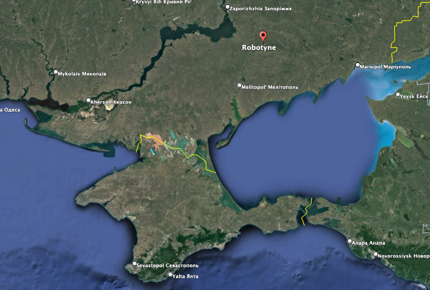 The town of Robotyne in Zaporizhzhia Oblast is about 120 miles northeast of Crimea. (Google Earth image)