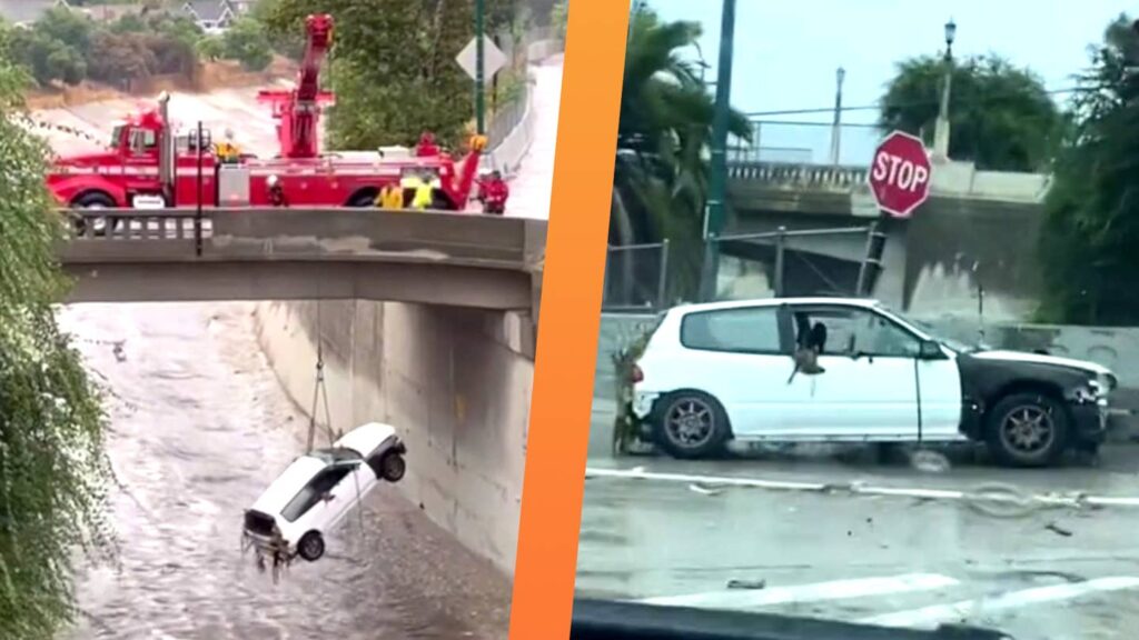 LAFD Fishes Honda Civic Hatch Out of Flooded LA River