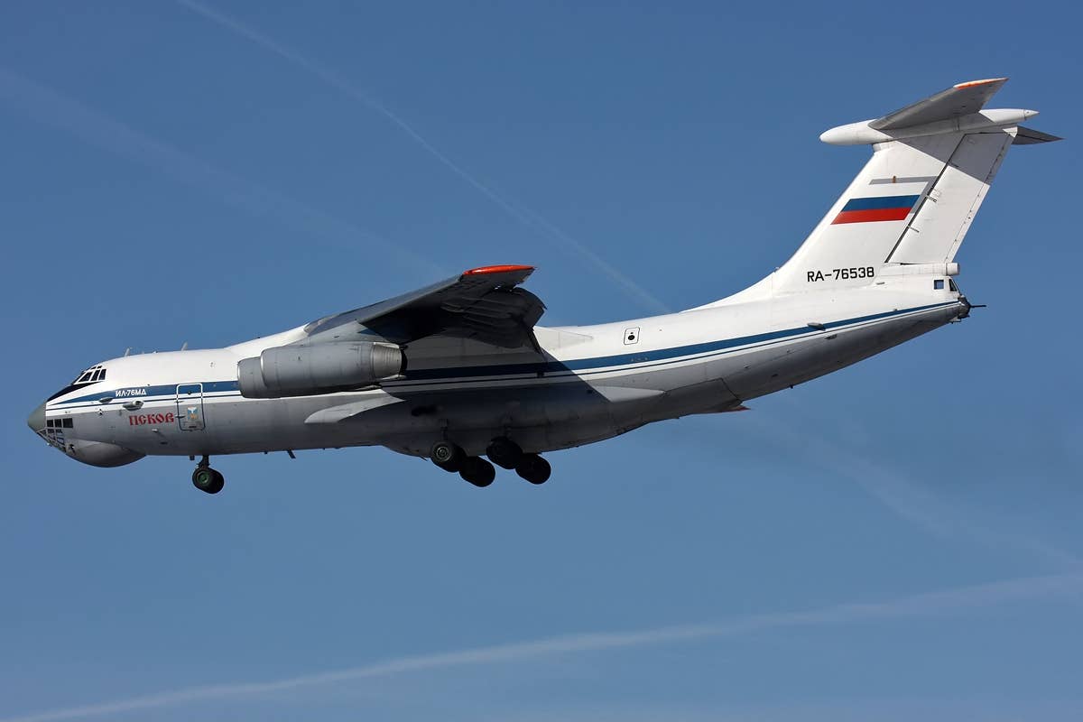 A Russian Aerospace Forces Il-76MD lands at Kresty Air Base. <em>Igor Dvurekov/Wikimedia Commons</em>