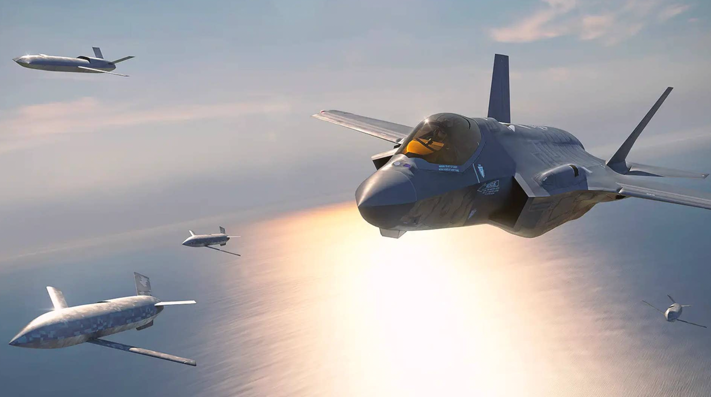 A rendering of different tiers of advanced drones flying together with a stealthy F-35A Joint Strike Fighter, providing one idea of what attritable autonomous systems might look like in the air warfare domain. <em>Lockheed Martin</em> <em>Skunk Works</em>