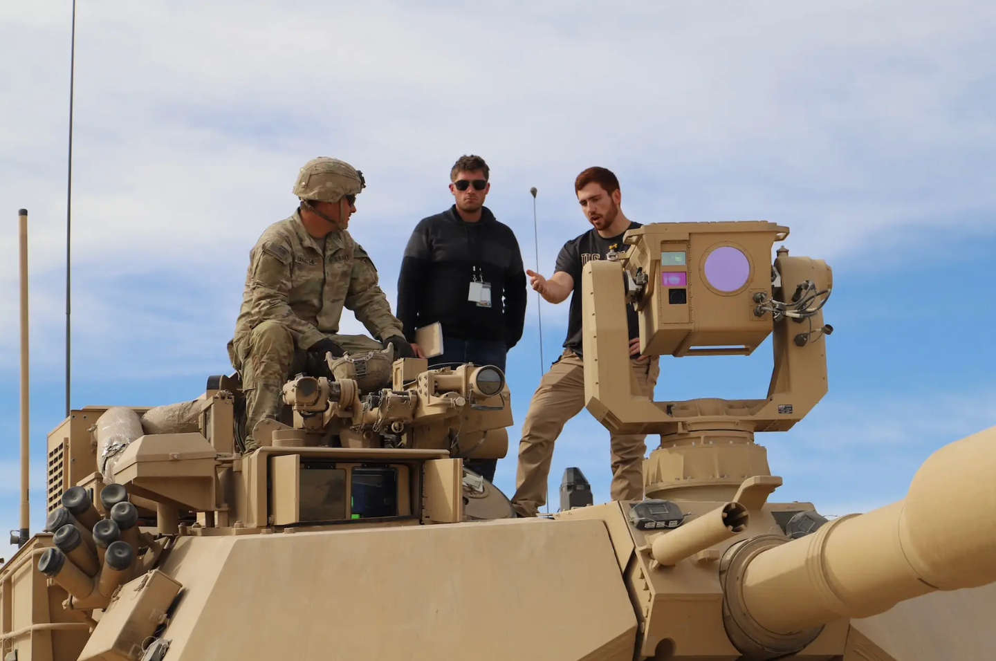 A close-up view of an ATLAS sensor turret — an experimental AI-driven target recognition system — on a U.S. Army M1 Abrams tank. <em>DoD</em>