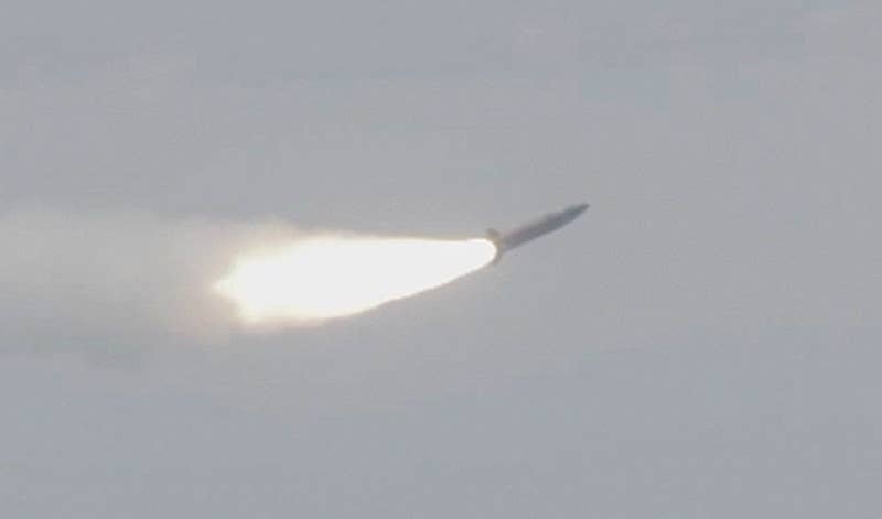 A low-quality shot of an ARRW after launch during a live-fire flight test. <em>USAF</em>