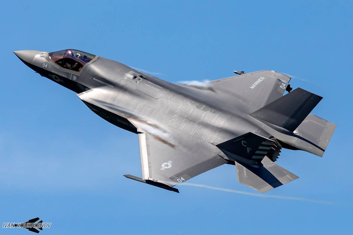 A Marine F-35B taking part in Northern Lightning 2023. Not that this particular aircraft has external underwing pylons fitted, with the one on the right being loaded with an AIM-9X Sidewinder air-to-air missile.<em> Ivan Voukadinov</em>