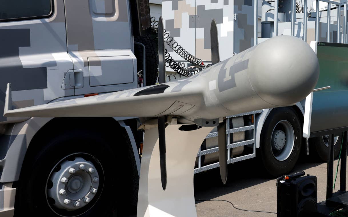 A newer version of the  Chien Hsiang seen on display in 2022, with what appear to be two pairs of antennas on top and below the rear end of the drone's main body. <em>I-HWA CHENG/AFP via Getty Images</em>