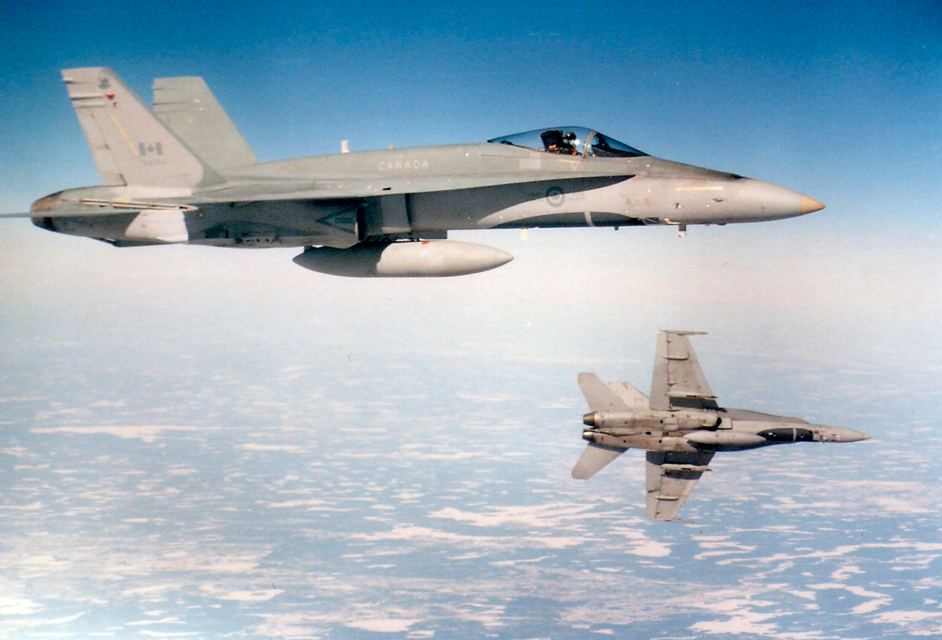 A view of the CF-18's false canopy. From this distance, it is easily distinguished from the real one. From two miles away, it is impossible to tell.