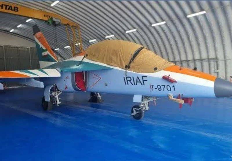 An Islamic Republic of Iran Air Force (IRIAF) Yak-130 inside a hangar. <em>Tasnim News Agency</em>.