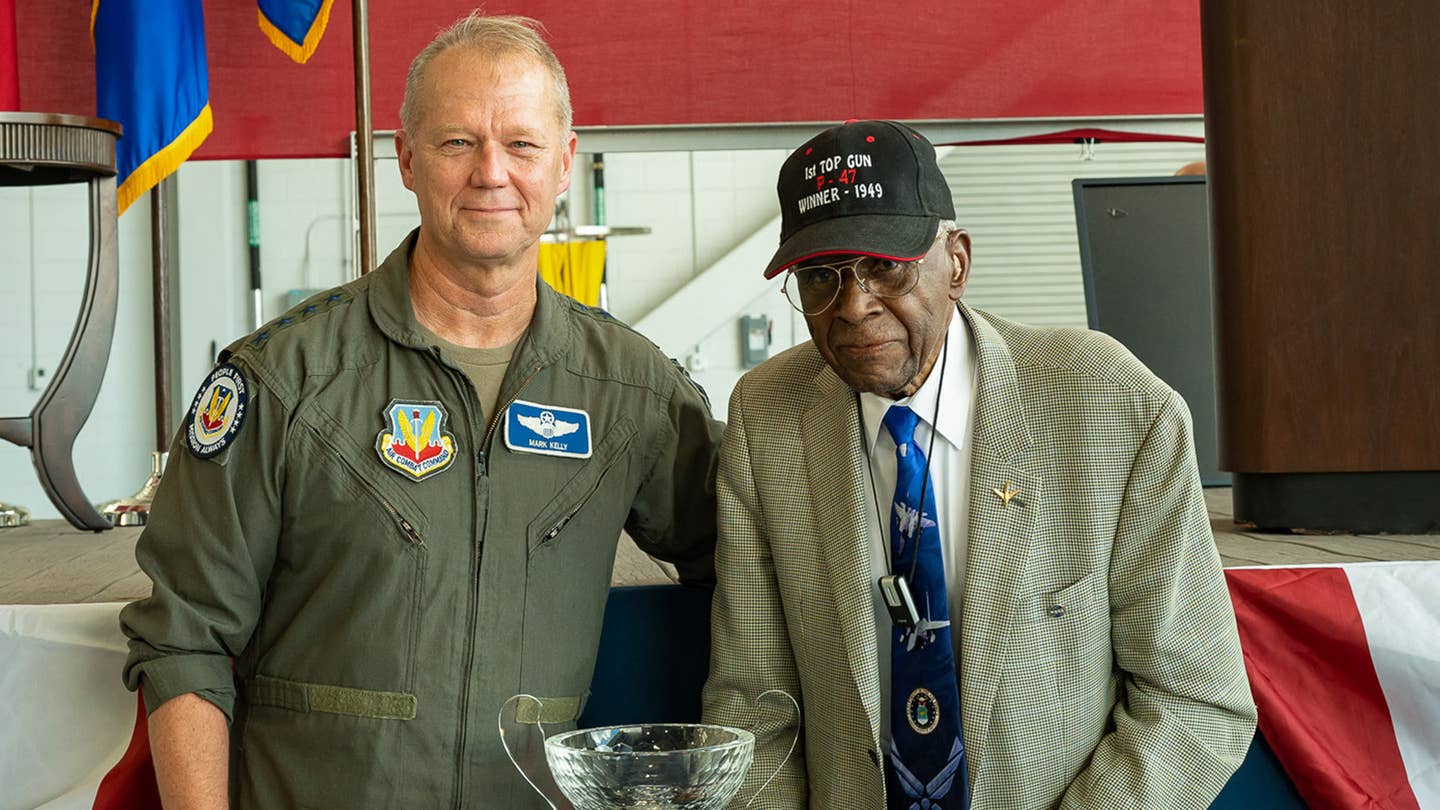 Gen. Mark Kelly, commander of Air Combat Command, introduces the new “Lt. Col. James Harvey III F-15 Wing Award” during William Tell. <em>USAF</em>