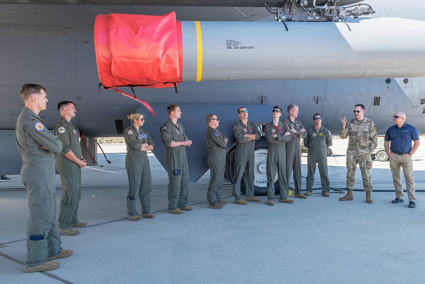 A picture from the event at Edwards yesterday of what looks to be a live AGM-183A ARRW missile under the wing of a B-52 bomber.  <em>USAF</em>