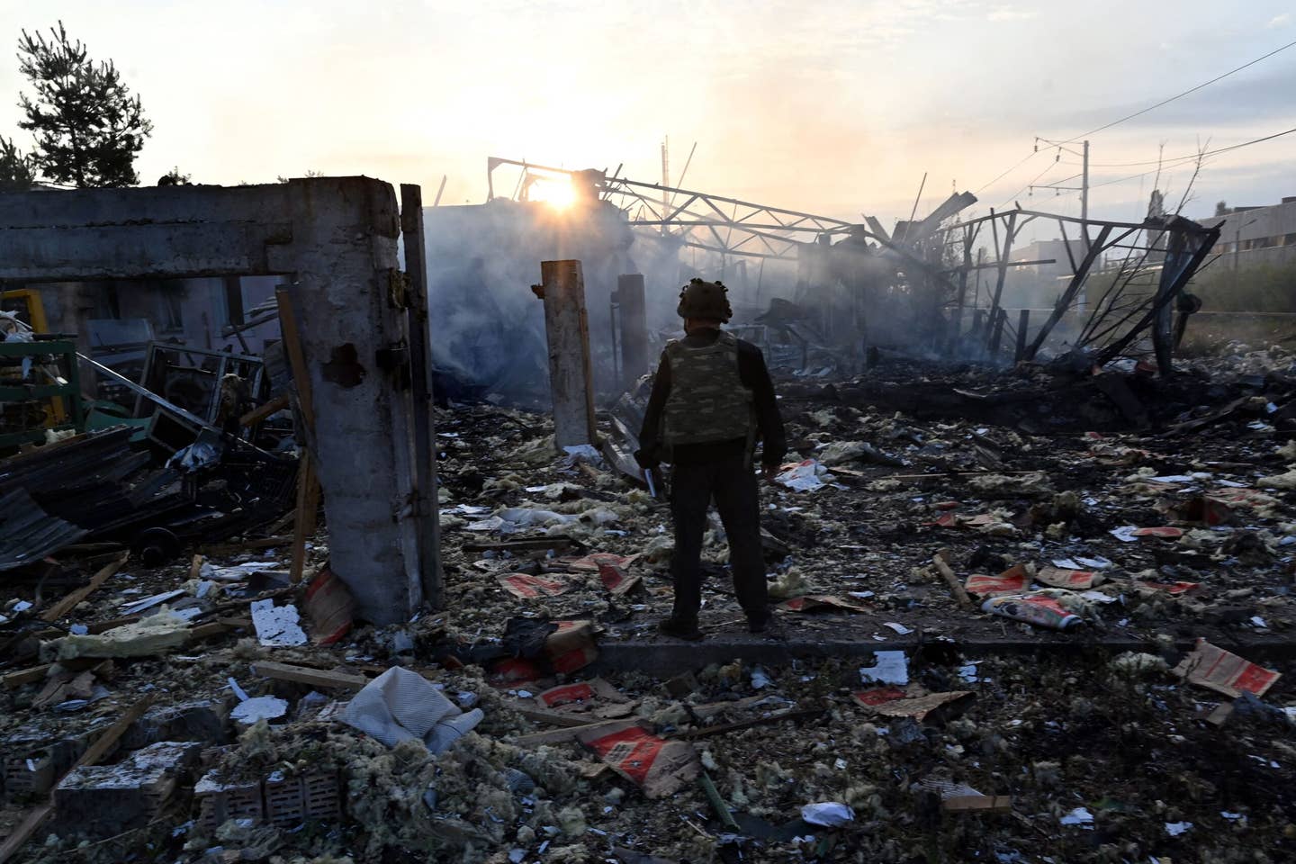 Damage at an industrial area in the Ukrainian capital of Kyiv, after a massive overnight missile attack on Ukraine on September 21, 2023. <em>Photo by SERGEI SUPINSKY/AFP via Getty Images</em>