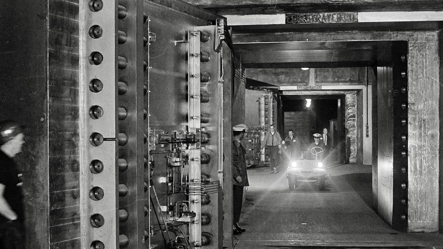 Two massive steel doors weighing 30 tons each are among the devices that will seal off the North American Air Defense Command's underground combat operations center in the event of an attack, shown Jan. 26, 1966. The doors, 26 inches thick, are installed in 17-feet thick reinforced concrete barriers in the tunnel leading go the defense command post inside Cheyenne Mountain, near Colorado Springs, Colo. (AP Photo)