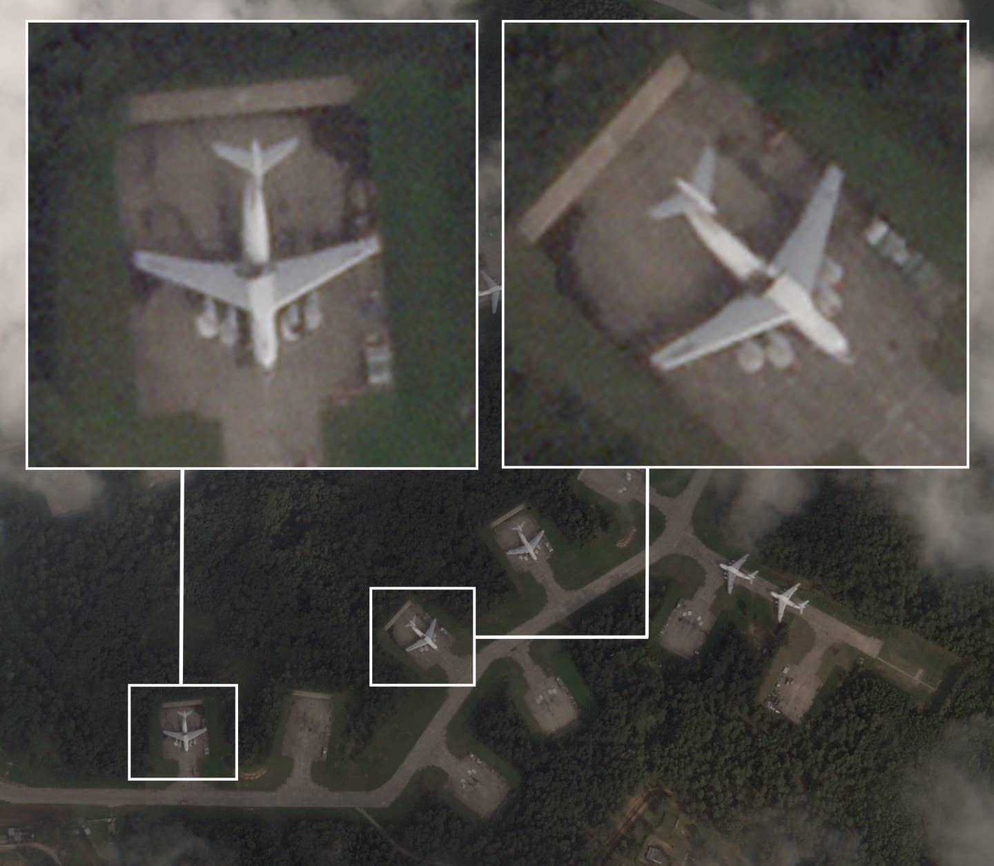 Two Russian IL-76 Candid transport jets show damage where the wings meet the fuselage during a Ukrainian drone attack on Kresty Air Base in Pskov, Russia. This is the image taken earlier this morning that had cloud cover obscuring much of the base.  <em>PHOTO © 2023 PLANET LABS INC. ALL RIGHTS RESERVED. REPRINTED BY PERMISSION</em>