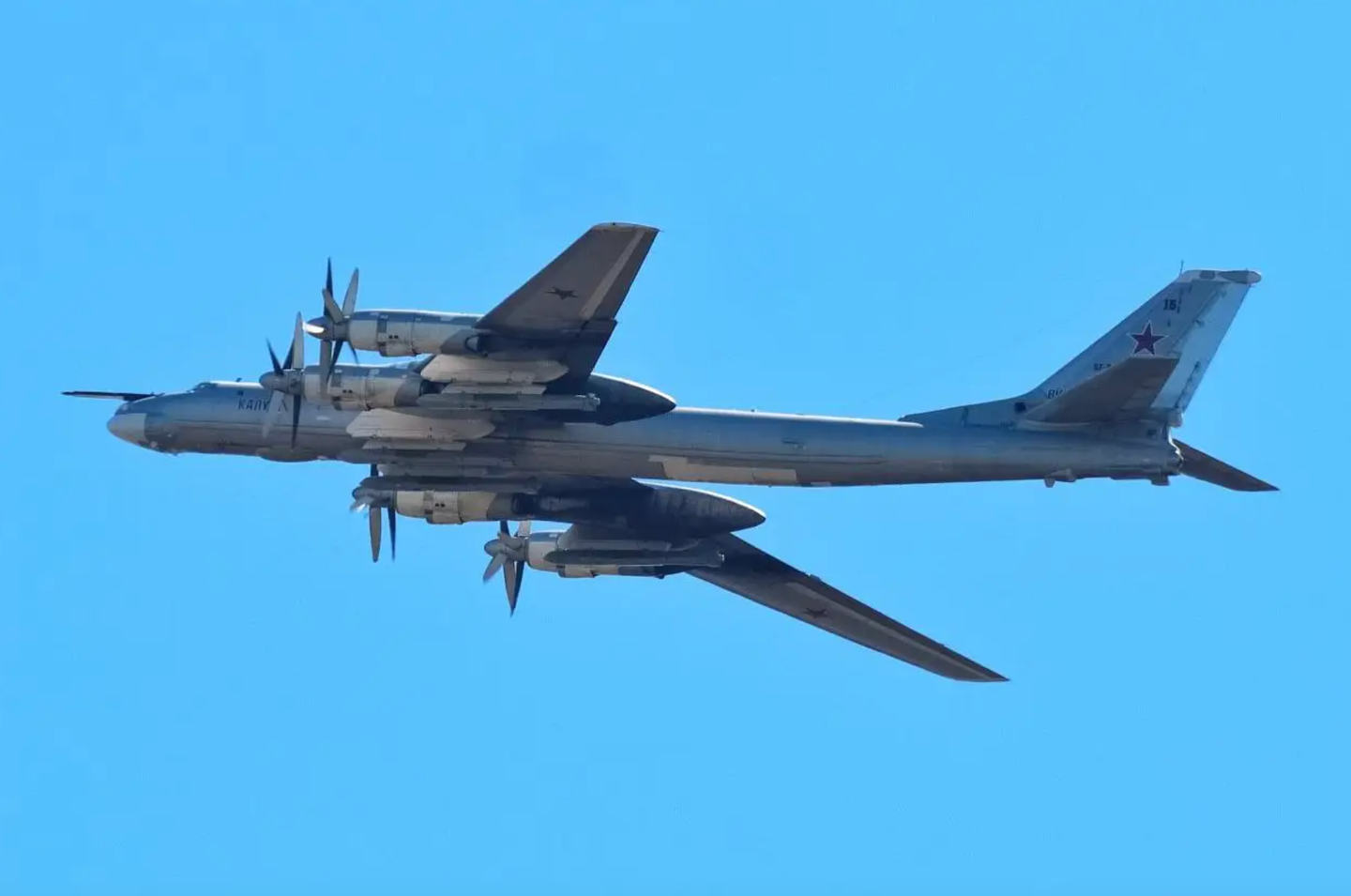 Named <em>Kaluga</em>, this Tu-95MS is seen carrying four Kh-101 cruise missiles in a photo published on May 10, 2022. <em>Fighterbomber/Telegram</em>