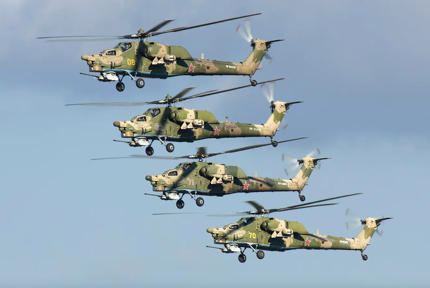 Mi-28N helicopters from the 344th State Combat Training and Flight Crew Conversion Center in Torzhok. <em>Andrei Shmatko/Wikimedia Commons</em>