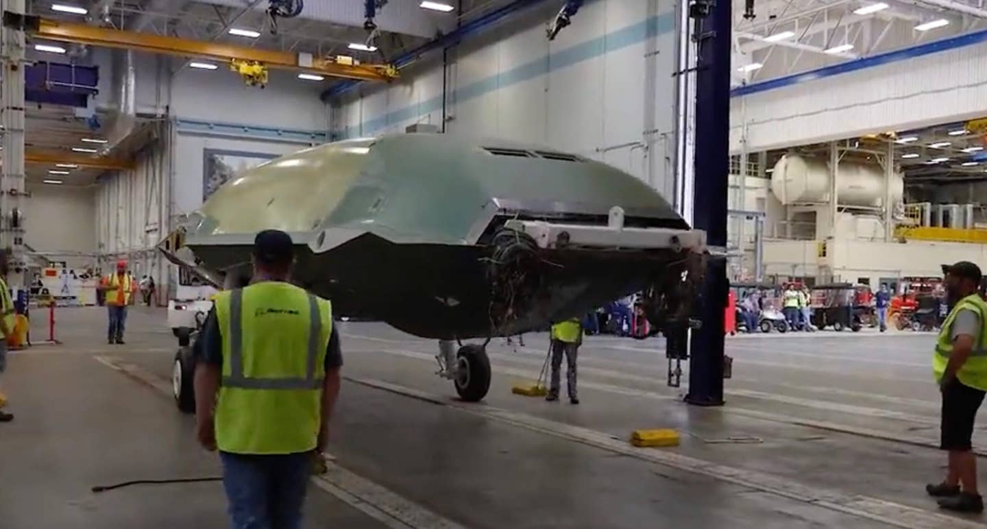 Drone at Boeing's static testing facility. <em>Boeing screenshot</em>