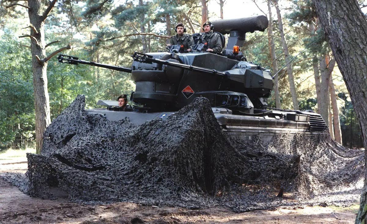 A Dutch Gepard during an exercise in 1990, with its distinctive radars at the front and rear of the turret. <em>Dutch Ministry of Defense</em>