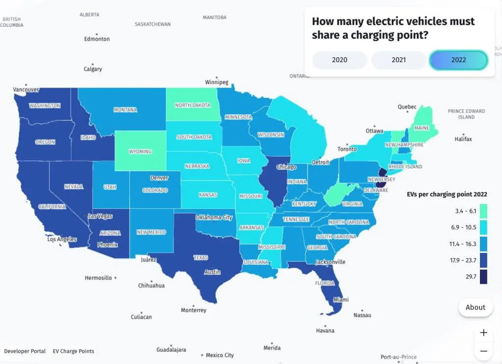 EV chargers per registered EV, by US state, 2022