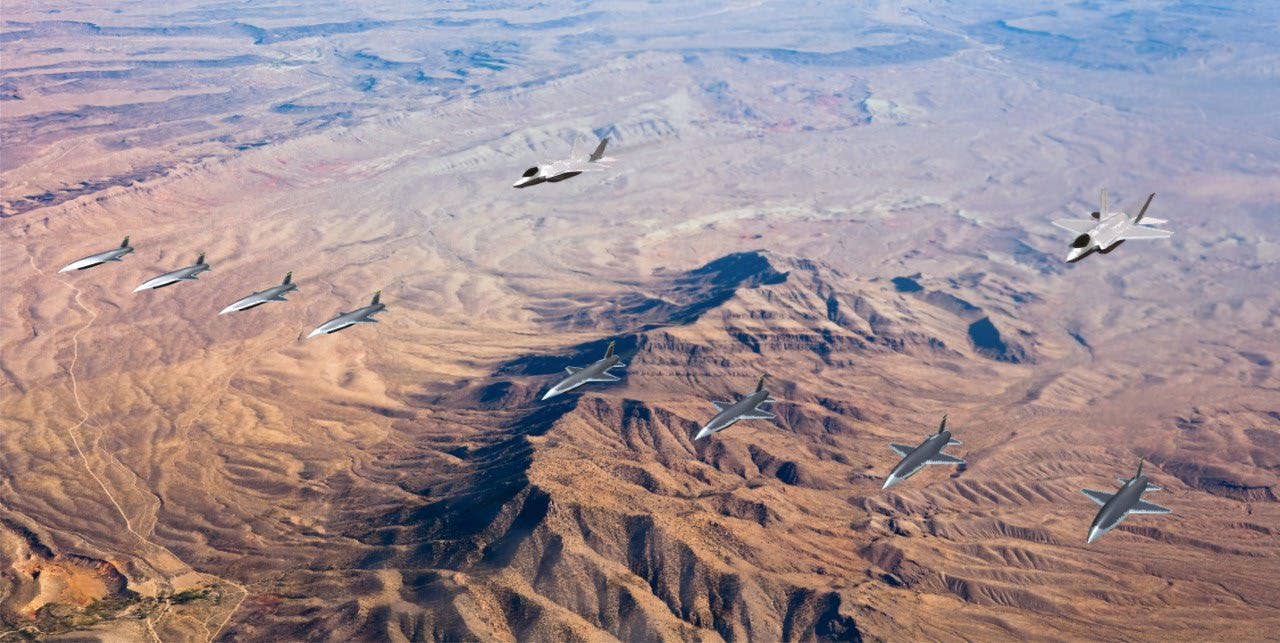 A rendering depicting eight Fury drones operating with a pair of F-35 Joint Strike Fighters. <em>Blue Force Technologies</em>