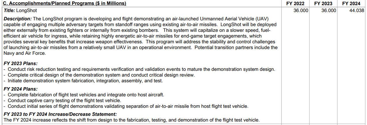 The complete LongShot program entry in the Pentagon's 2024 Fiscal Year budget proposal. <em>DOD</em>