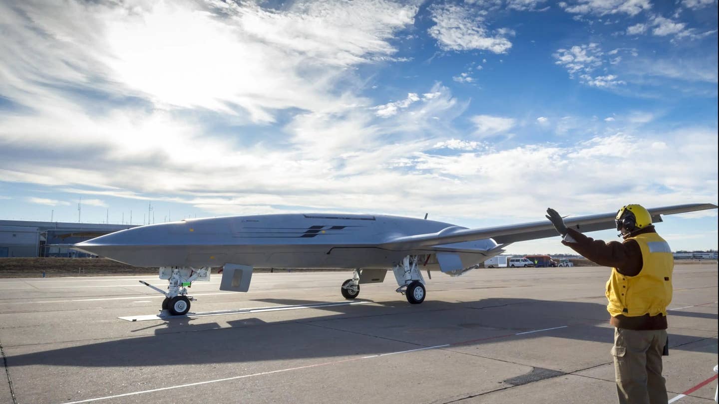 Deck-handling demonstration of the MQ-25 T1, January 2018, at the Boeing facility in St. Louis, Missouri. <em>Boeing</em>