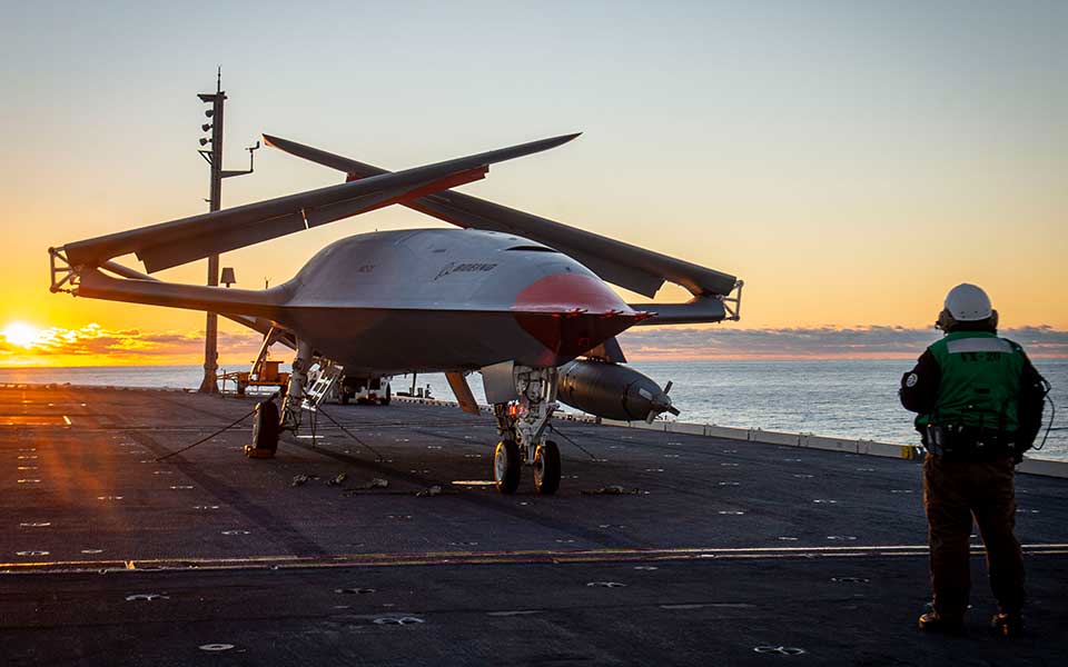 MQ-25 T1 on board a U.S. Navy carrier deck. <em>Boeing</em>