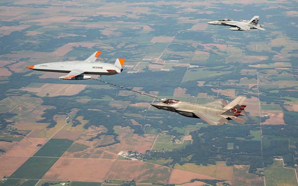 MQ-25 T1 refueling an F-35C. <em>Boeing</em>