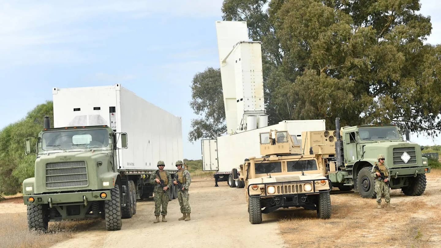 Two Navy Mk 70 launchers, or variants or derivatives thereof, on trailers in a ground-based capacity during a test in Europe in 2022. <em>USN</em>