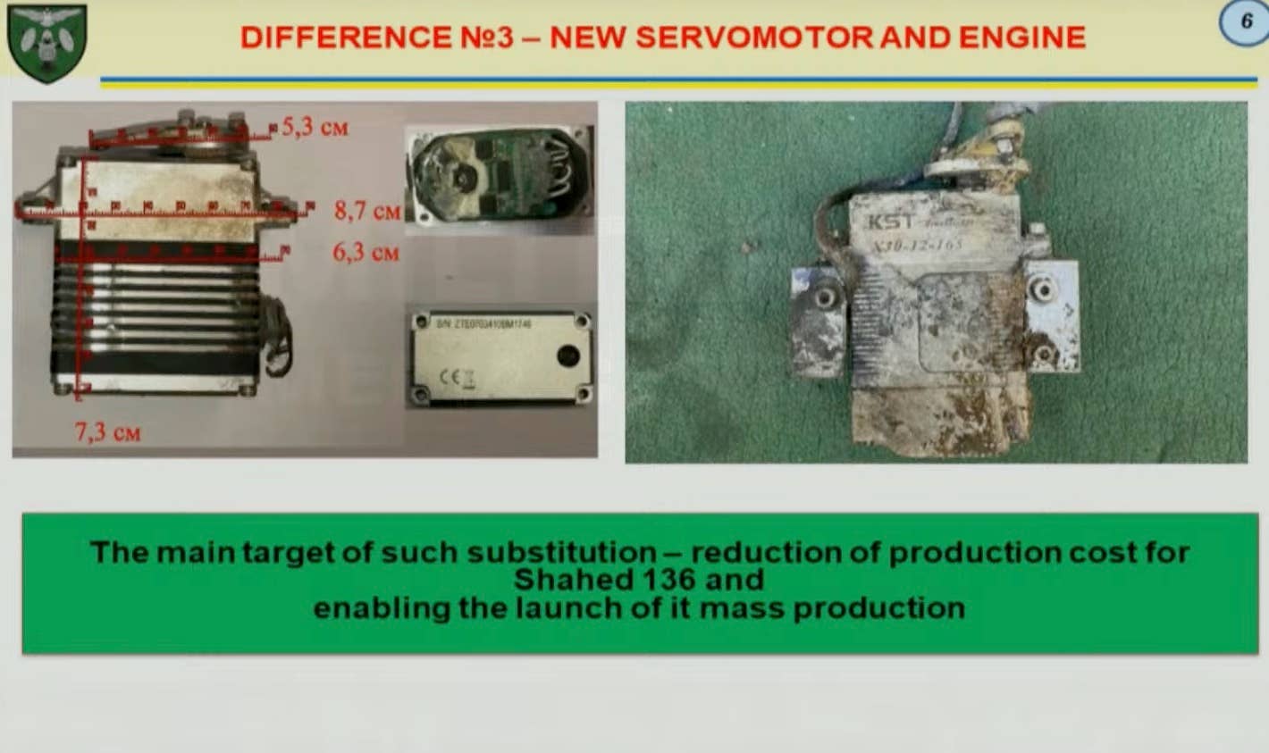 New Shahed-136 drones contain the new KST X30-12-165 servomotor, according to Ukraine. (Ukrainian Military Media Center screencap).