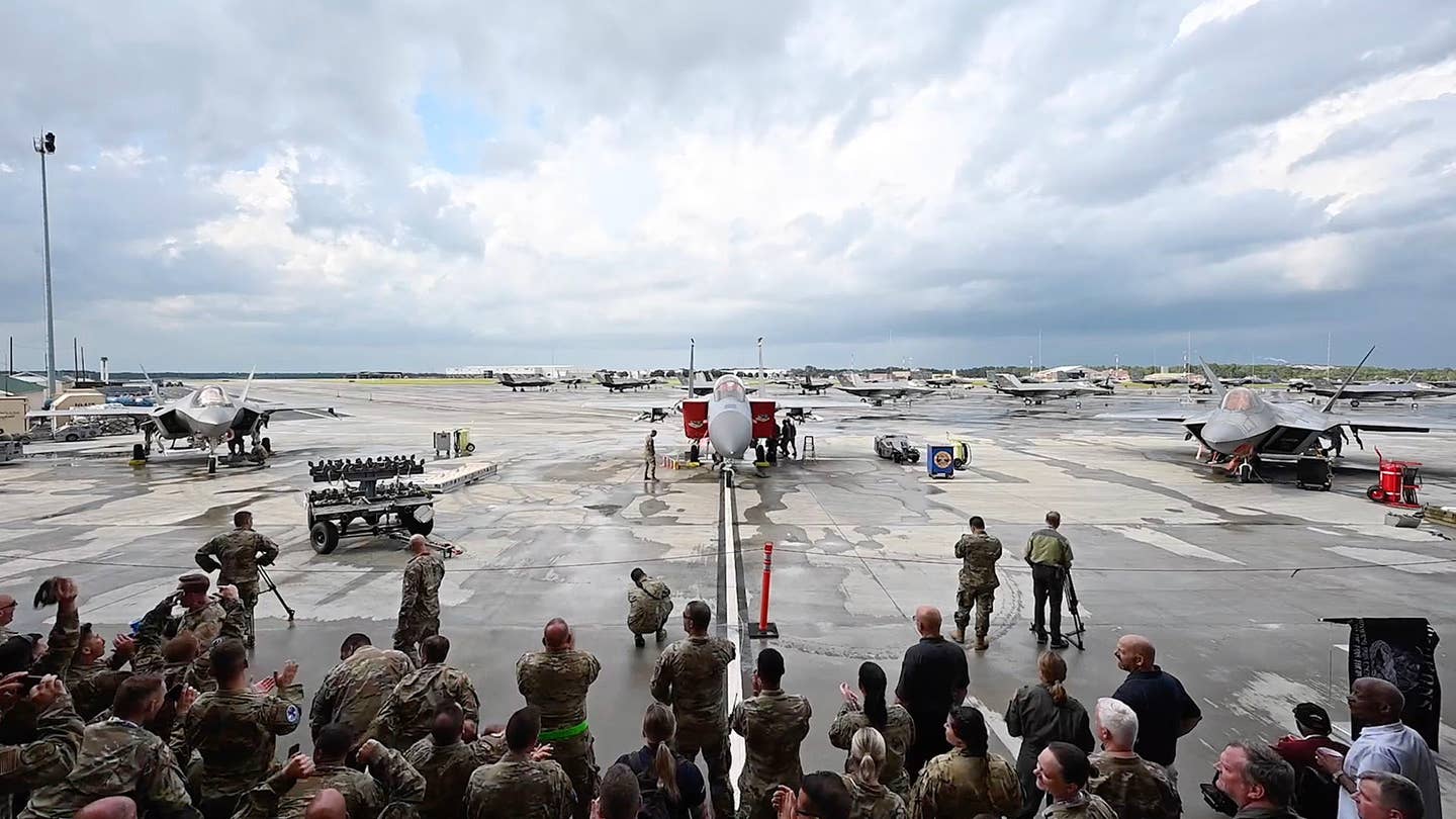 F-35A, F-15C and F-22 positioned for the William Tell weapons loading final. <em>USAF</em>