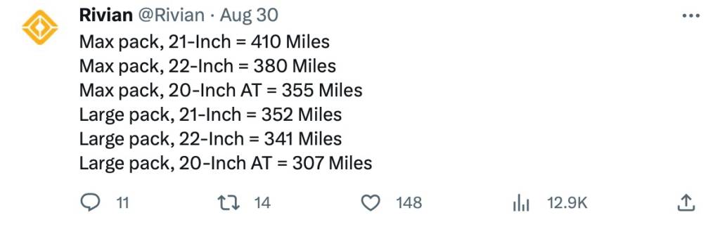 Rivian R1T Dual-Motor range estimates posted on X Aug. 30, 2023