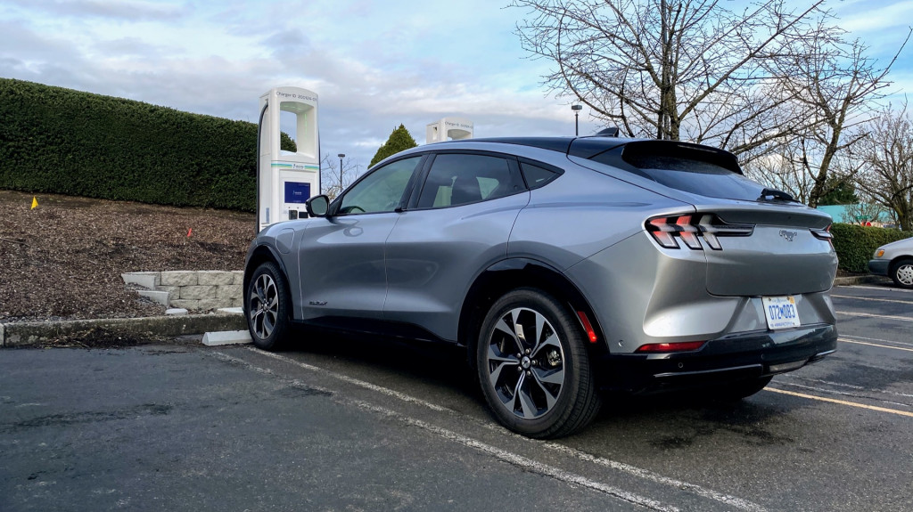 2021 Ford Mustang Mach-E, at Electrify America DC fast-charger