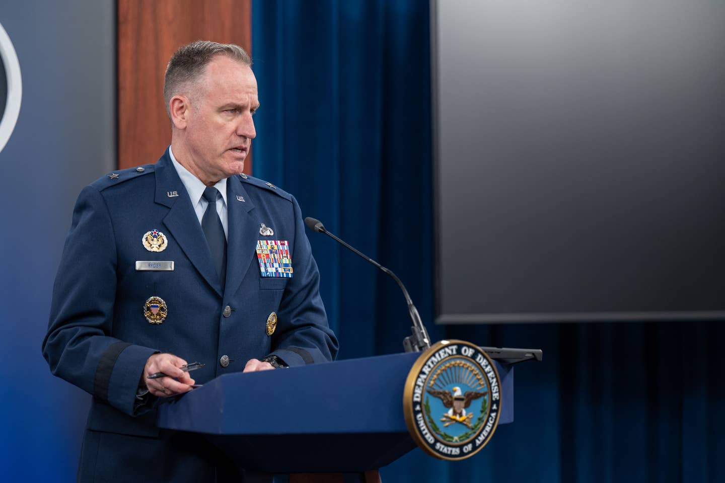 Pentagon Press Secretary Air Force Brig. Gen. Pat Ryder addresses members of the press during a press conference at the Pentagon, Washington, D.C. <em>U.S. Department of Defense photo by U.S. Air Force Tech. Sgt. Jack Sanders</em>