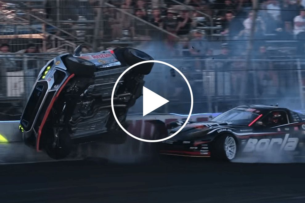 Watch: Pro Drifter's 1,100-HP Ford Mustang Rides The Wall After Corvette Crash