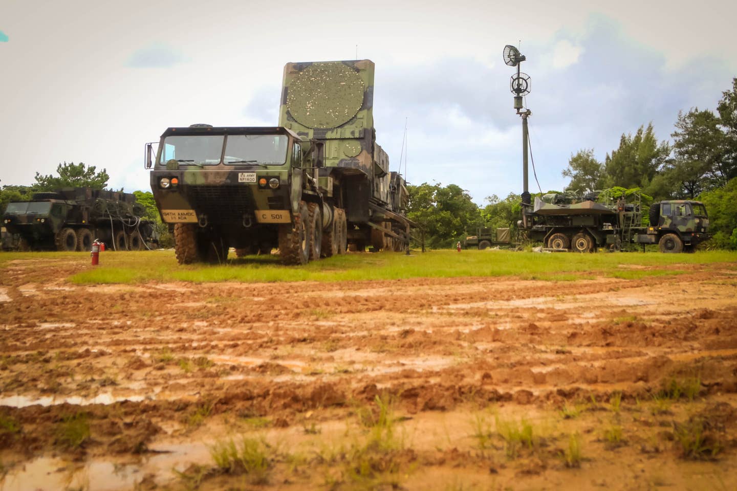 A battery assigned to 1st Battalion, 1st Air Defense Artillery Regiment, display their patriot radar and antenna mast group during table gunnery training exercise on Kadena Air Base in Japan, Oct. 19, 2017.  (U.S. Army Photo by Capt. Adan Cazarez)