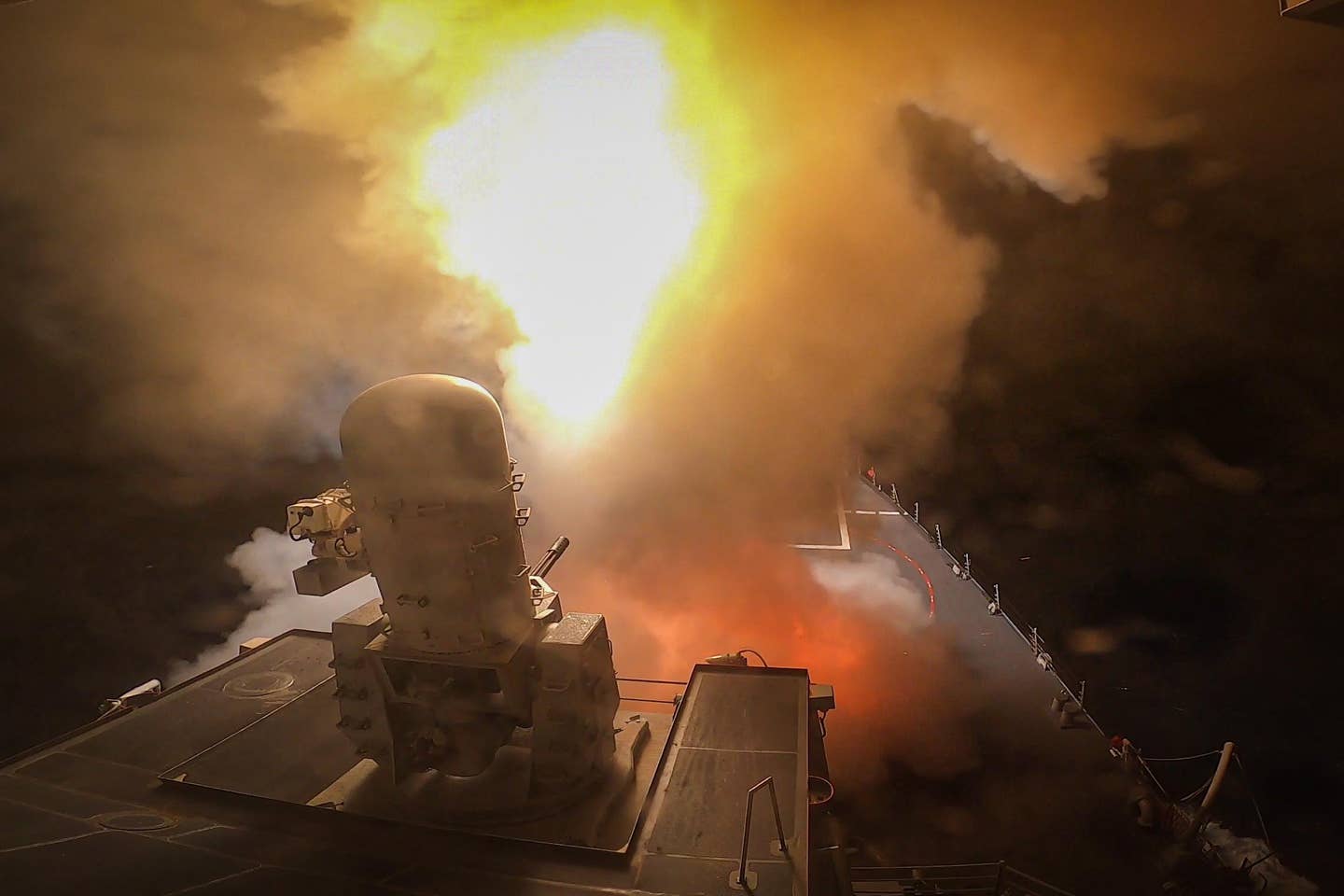 The Arleigh Burke-class guided-missile destroyer USS Carney (DDG 64) defeats a combination of Houthi missiles and unmanned aerial vehicles in the Red Sea, Oct. 19. Carney is deployed to the U.S. 5th Fleet area of operations to help ensure maritime security and stability in the Middle East region. (U.S. Navy photo by Mass Communication Specialist 2nd Class Aaron Lau)