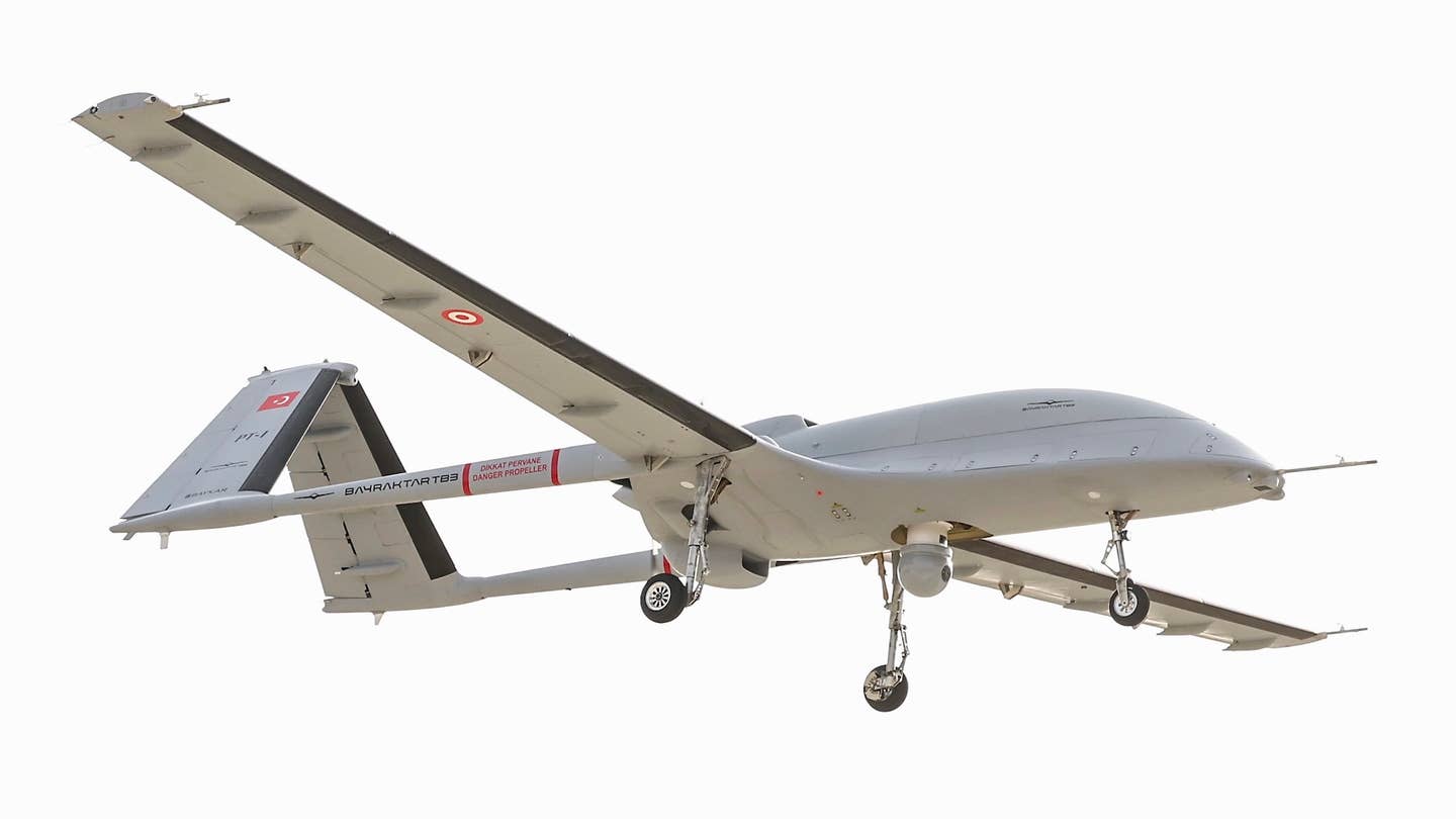 TB3 takes its first flight from Çorlu Flight Training and Test Center, Turkey, October 27, 2023. <em>Baykar</em>