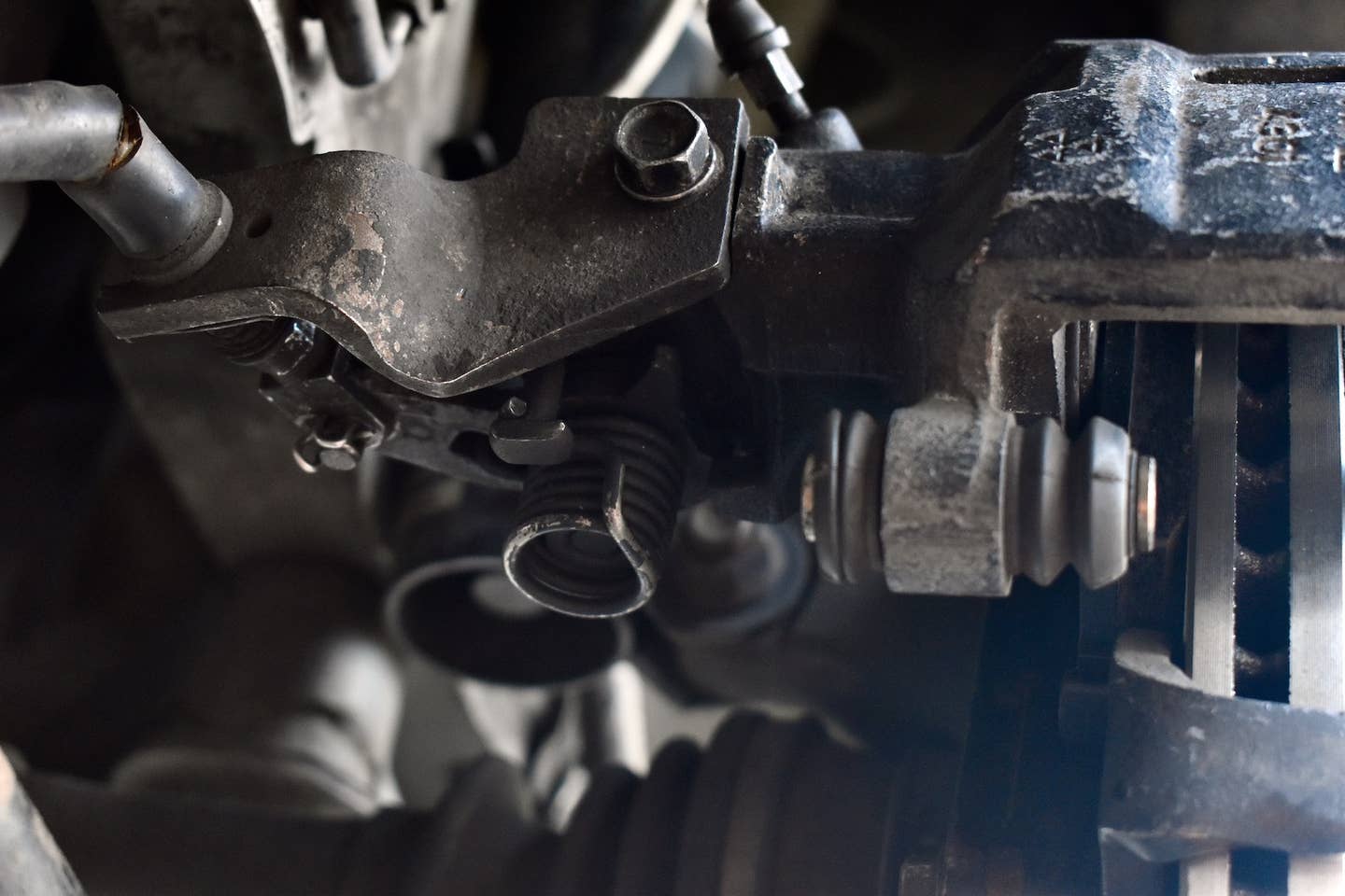 Handbrake attachment point on a Toyota MR2's rear brakes.