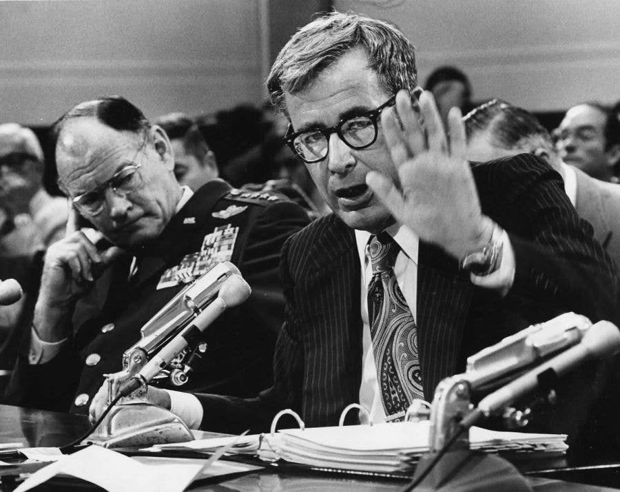Secretary of Defense Harold Brown and Chairman of The Joint Chiefs of Staff General George S. Brown testifies on Capitol Hill on a defense budget in 1977. <em>Department of Defense Archive </em>