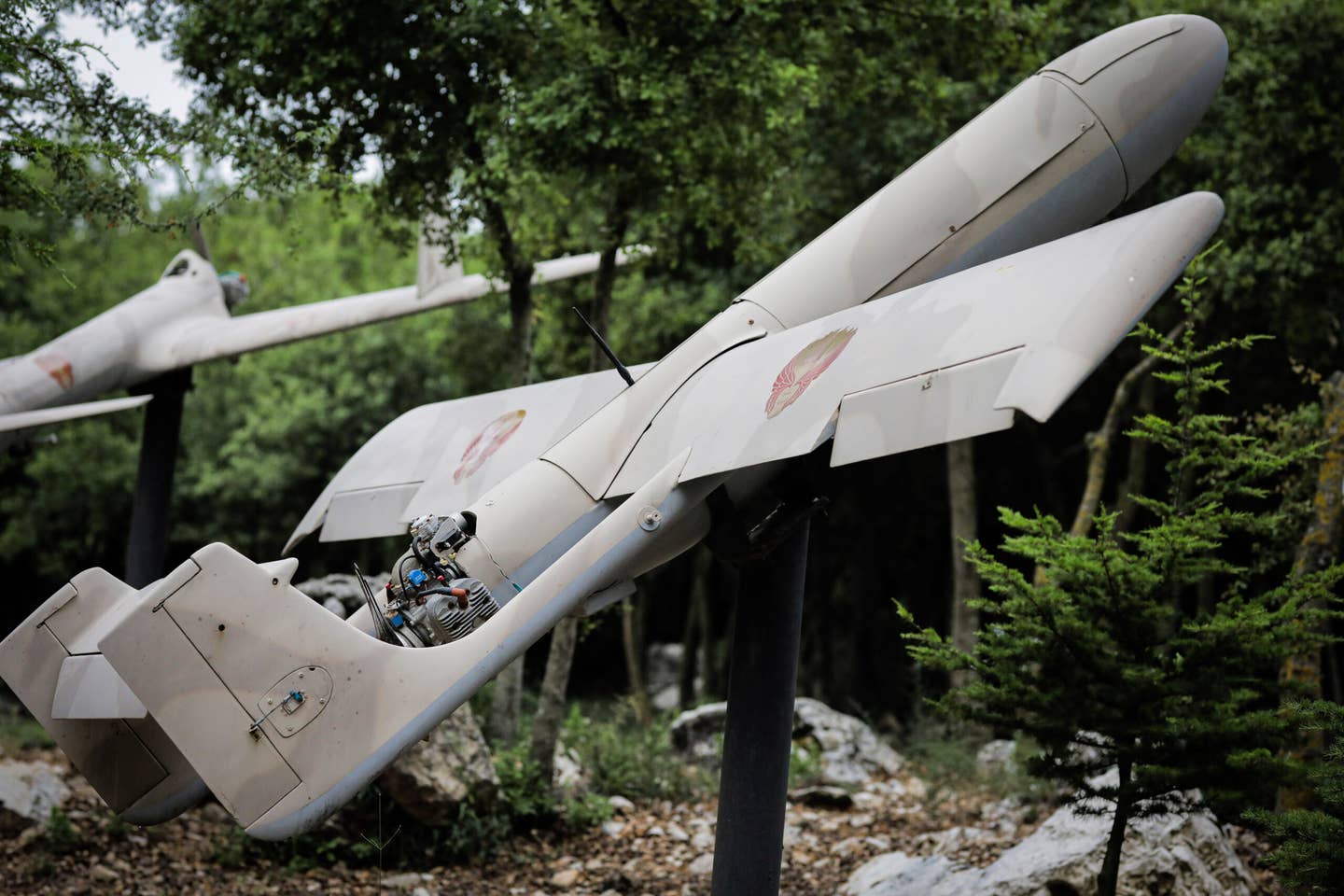 Military drones at the Hezbollah memorial landmark in the hilltop bastion of Mleeta, near the Lebanese southern village of Jarjouaa. The landmark was built in 2010 to commemorate the Israeli withdrawal from the country. <em>Photo by Nidal Alwaheidi/SOPA Images/LightRocket via Getty Images</em>