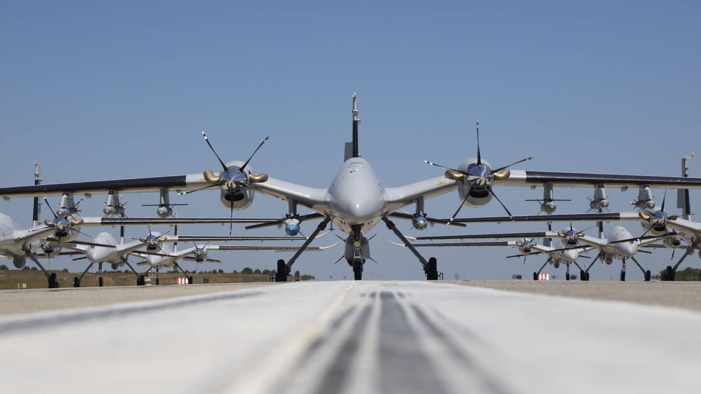 The Akinci is a medium-altitude, long-endurance drone that has the ability to strike harder and farther than the TB-2 that proceeded it. (Photo by BAYKAR/Handout/Anadolu Agency via Getty Images)