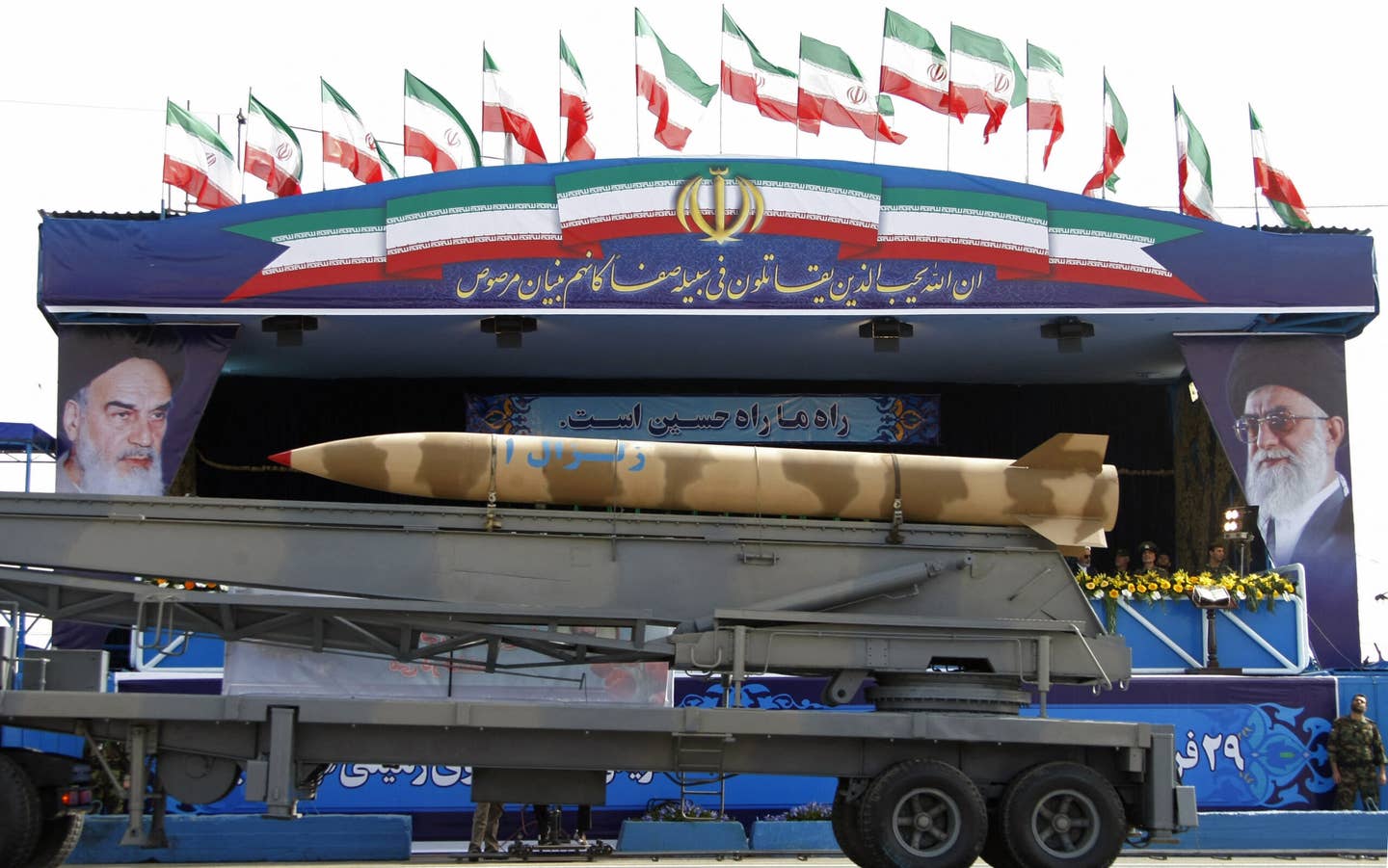 An Iranian Zelzal-2 rocket during the Army Day parade in Tehran on April 18, 2009. <em>Photo by BEHROUZ MEHRI/AFP via Getty Images</em>