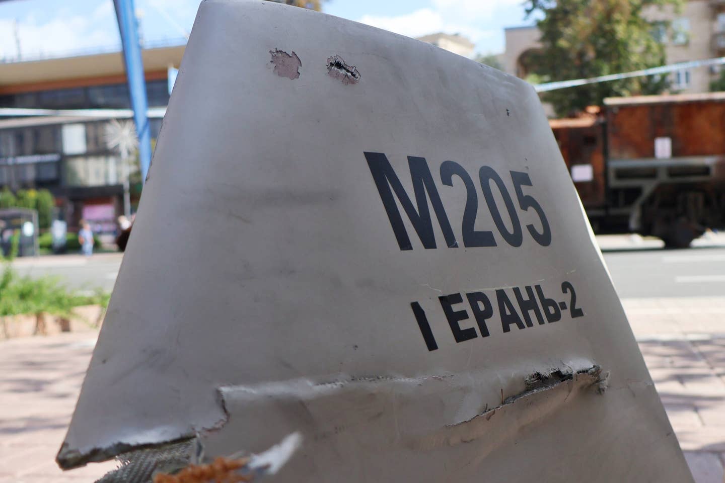 Fragments of the Iranian drone Shahed-136 (Russia named Geran 2), displayed as a symbol of war in the center of Kyiv. (Photo by Aleksandr Gusev/SOPA Images/LightRocket via Getty Images)